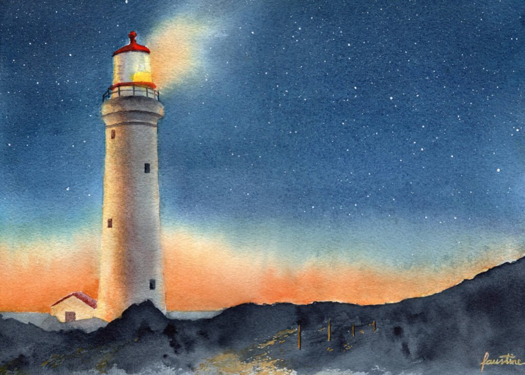 Phare dans la Nuit - Aquarelle - 36 x 26 cm - 160 €