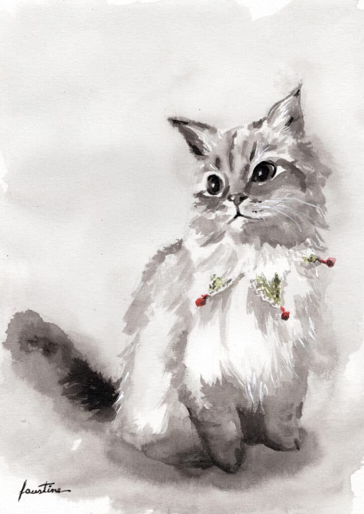chat noël encre de chine
