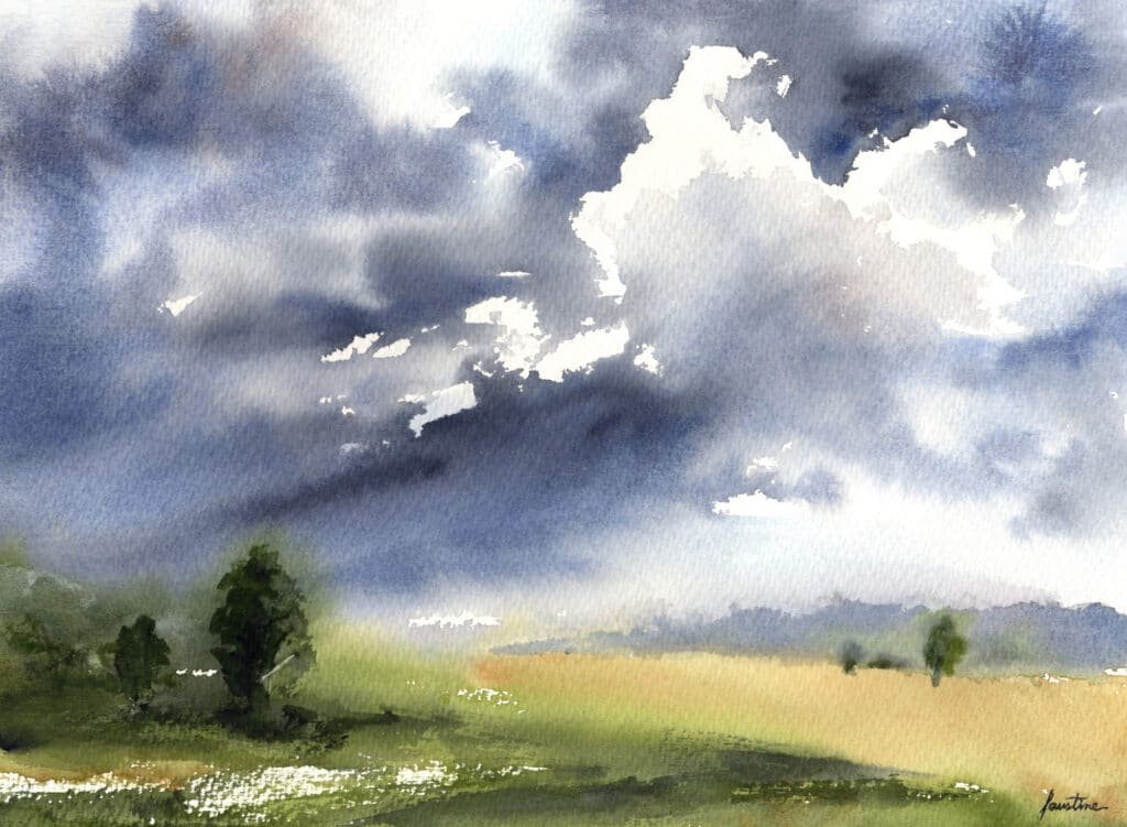 Aquarelle ciel tempête campagne